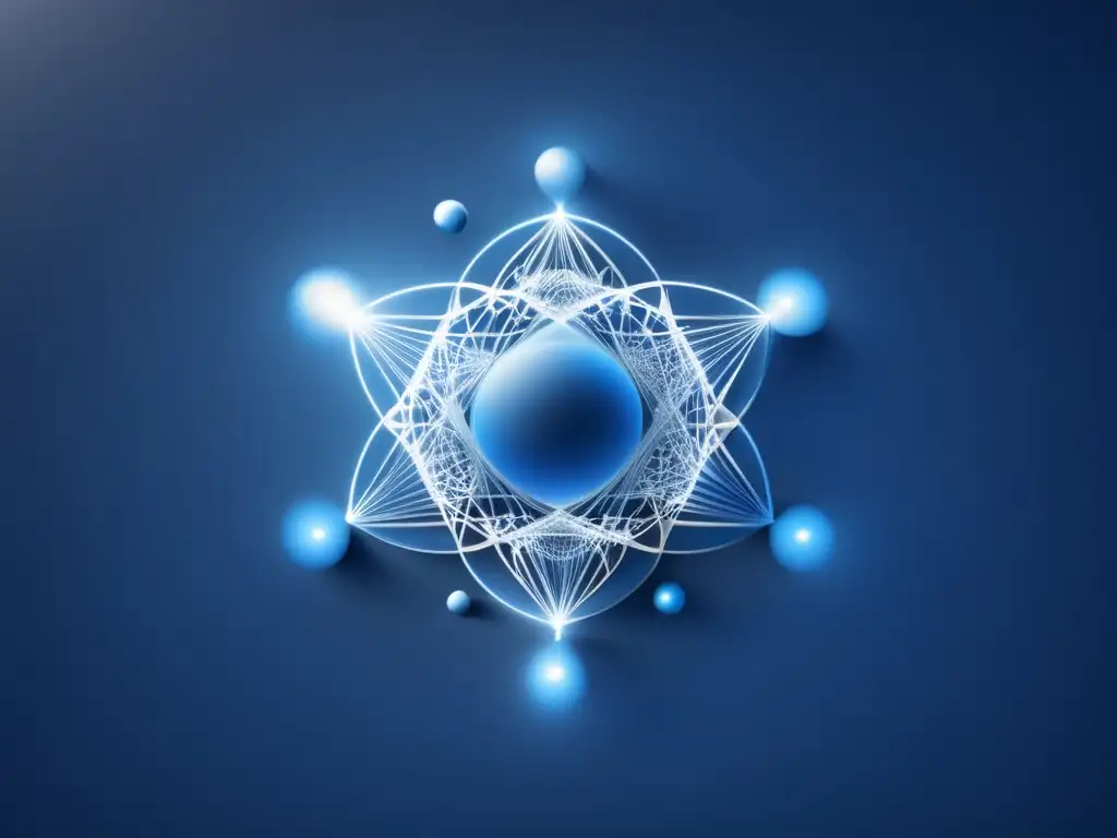 Desafíos en tecnologías cuánticas: imagen 8k detallada de una red de nodos interconectados en tonos azules y blancos con líneas delicadas