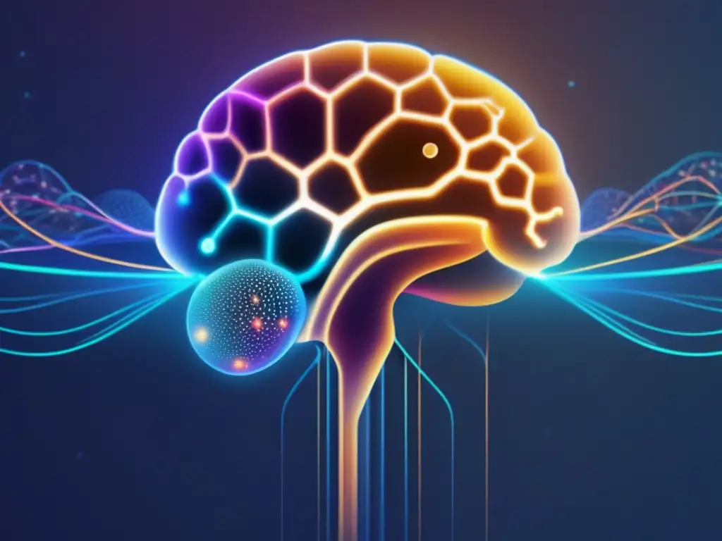 Innovaciones en biomedicina para salud: Imagen 8k ultradetallada con diseño minimalista y abstracto que muestra una red neuronal vibrante y dinámica, representando avances en investigación de enfermedades neurodegenerativas