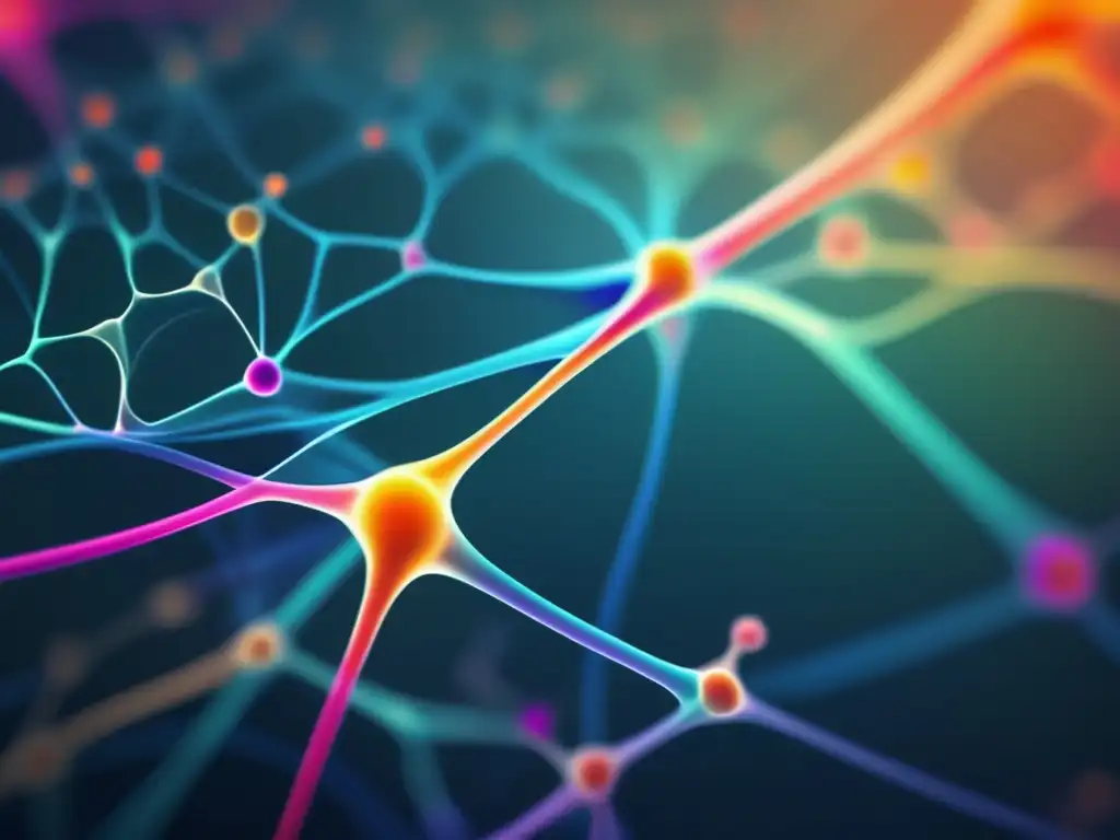 Interfaz neuronal: red de neuronas en colores vibrantes y detalles intrincados, evocando la complejidad y belleza de las conexiones neuronales