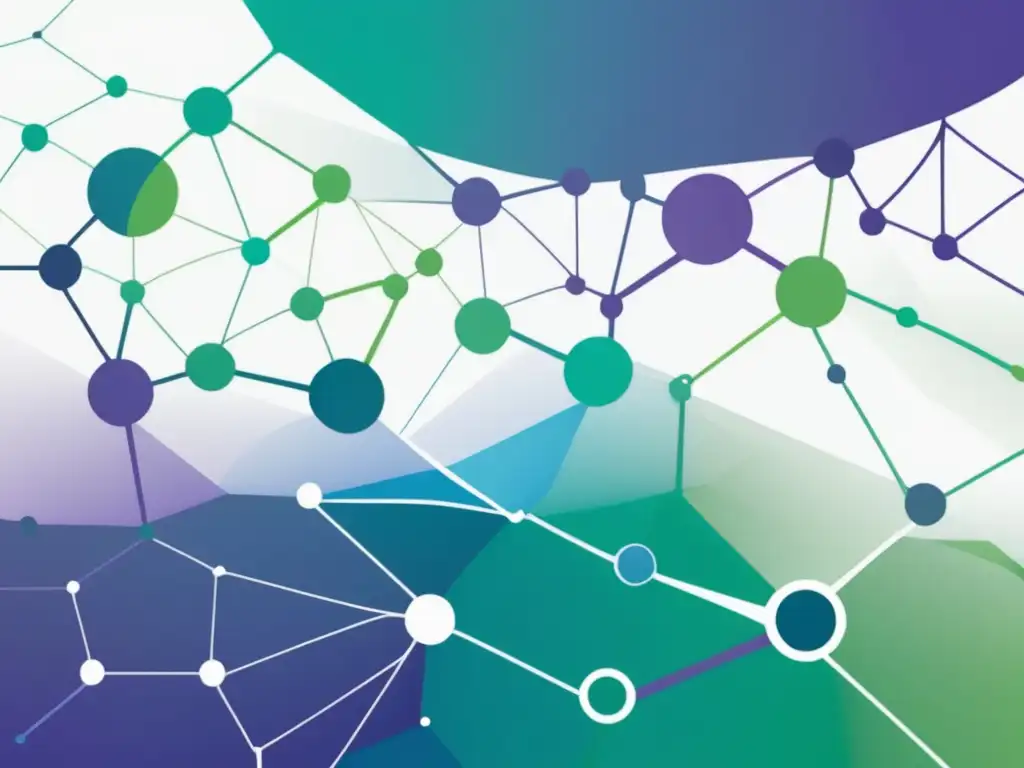 Evolución y diversidad biológica actual: Imagen minimalista y abstracta que representa la complejidad y conexiones de la evolución, con líneas y formas interconectadas en tonos verdes, azules y morados