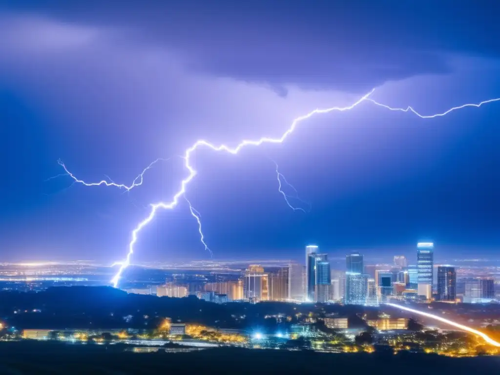 Descubrimiento de la electricidad: Rayo ilumina ciudad con energía y movimiento, simbolizando su importancia en la sociedad