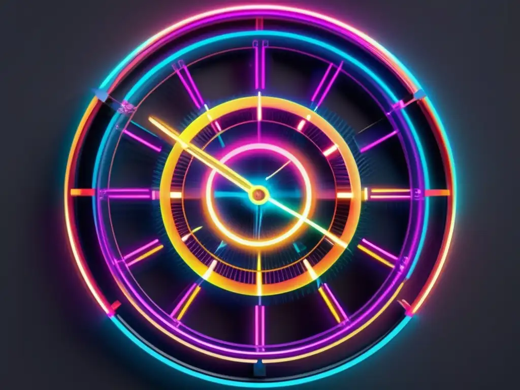 Reloj cuántico hipnótico en neón Enigma de relojes cuánticos: exploración visual