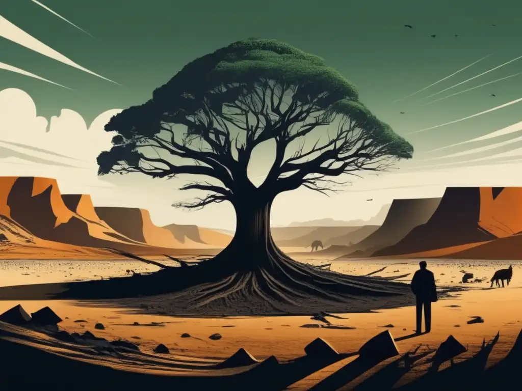 Renovación constante vida Tierra: ilustración evocadora con paisaje desolado y árbol resiliente