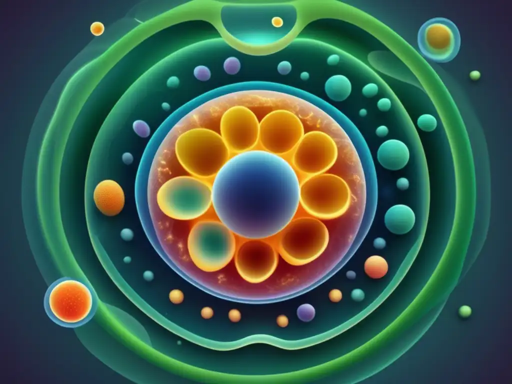 Representación abstracta de una célula con orgánulos en formas geométricas y colores armoniosos