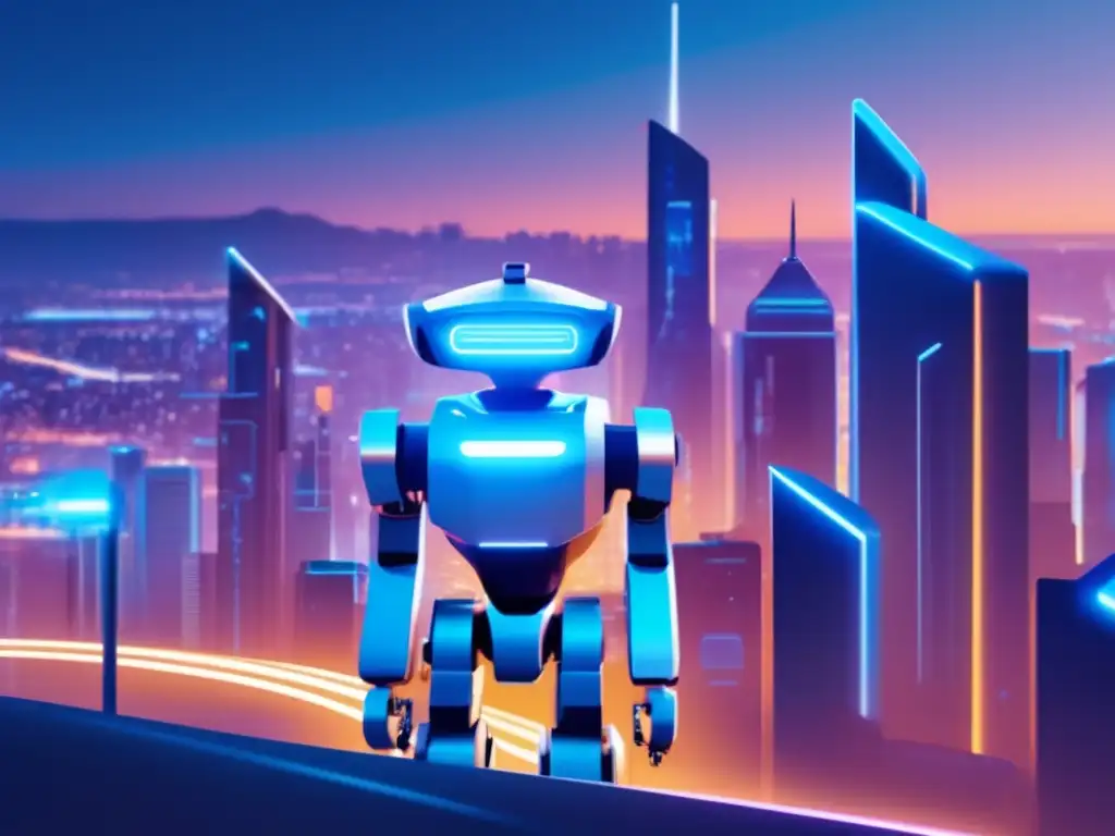 Futuro de la seguridad: robot autónomo Importancia de robots autónomos en seguridad: Futurista imagen abstracta de una ciudad nocturna con robots autónomos destacando en el centro
