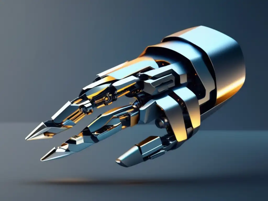 Mano robótica metálica avanzada Importancia robots autónomos seguridad: mano robótica metálica, diseño angular y preciso, ingeniería avanzada, reflejo metálico