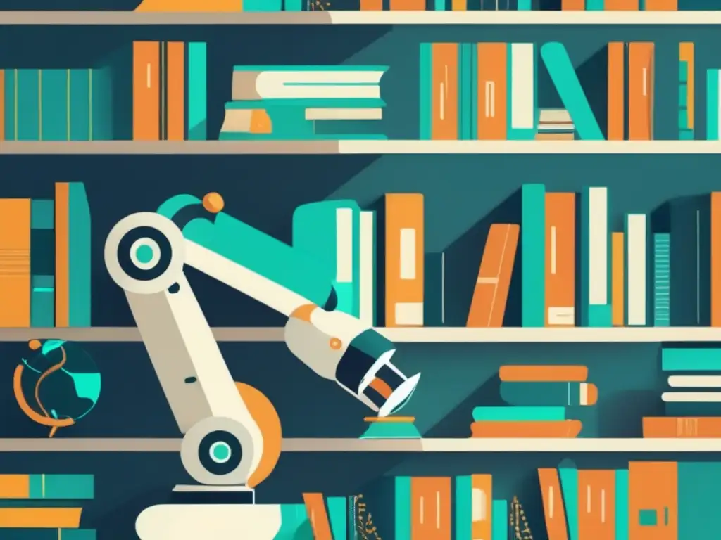 Beneficios AI y robótica en la eficiencia: imagen futurista de brazo robótico seleccionando libro en estantería educativa