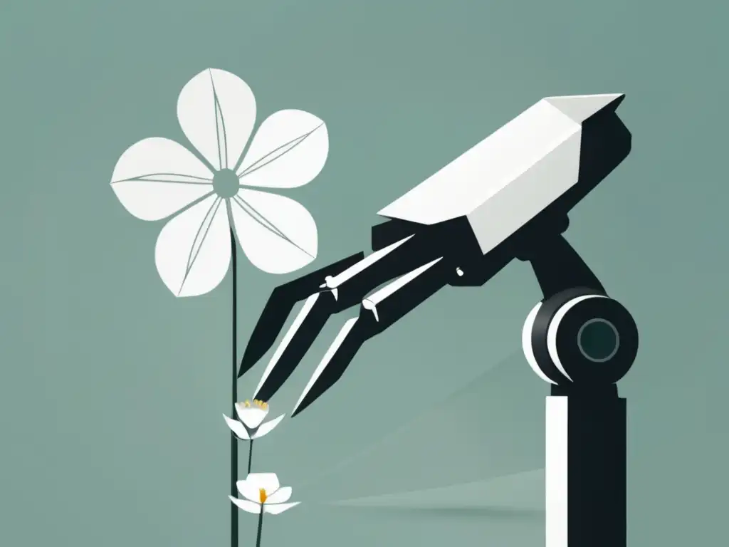 Derechos éticos robots: una imagen que representa la delicadeza de una flor blanca mientras un brazo robótico abstracto se acerca