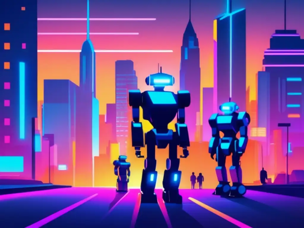Futurista ciudad nocturna con robots autónomos Importancia robots autónomos seguridad en ciudad futurista nocturna