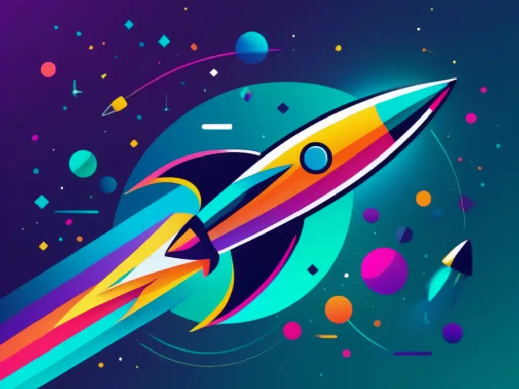 Rocket ship in space, vibrant colors & shapes