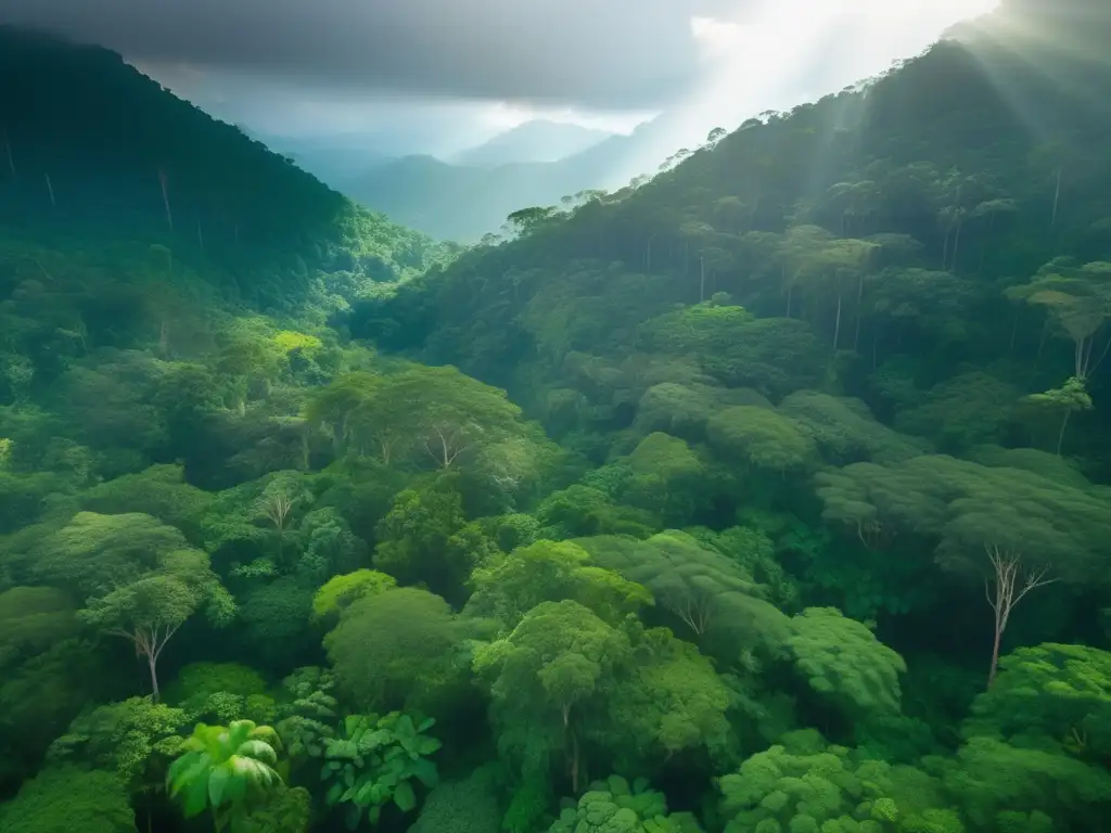 Importancia de los bosques tropicales: imagen impresionante de selva tropical en 8K, con vibrante dosel verde y rayos de luz dorada