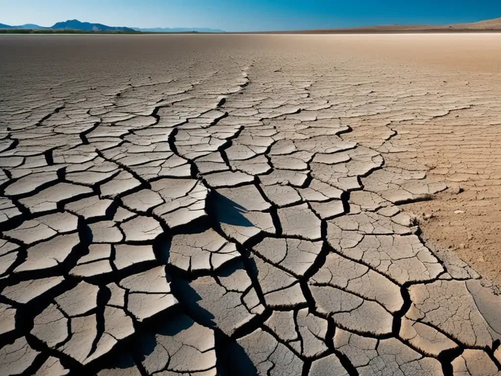 Impacto del cambio climático en el suministro de agua dulce: río seco, grietas detalladas, colores desolados