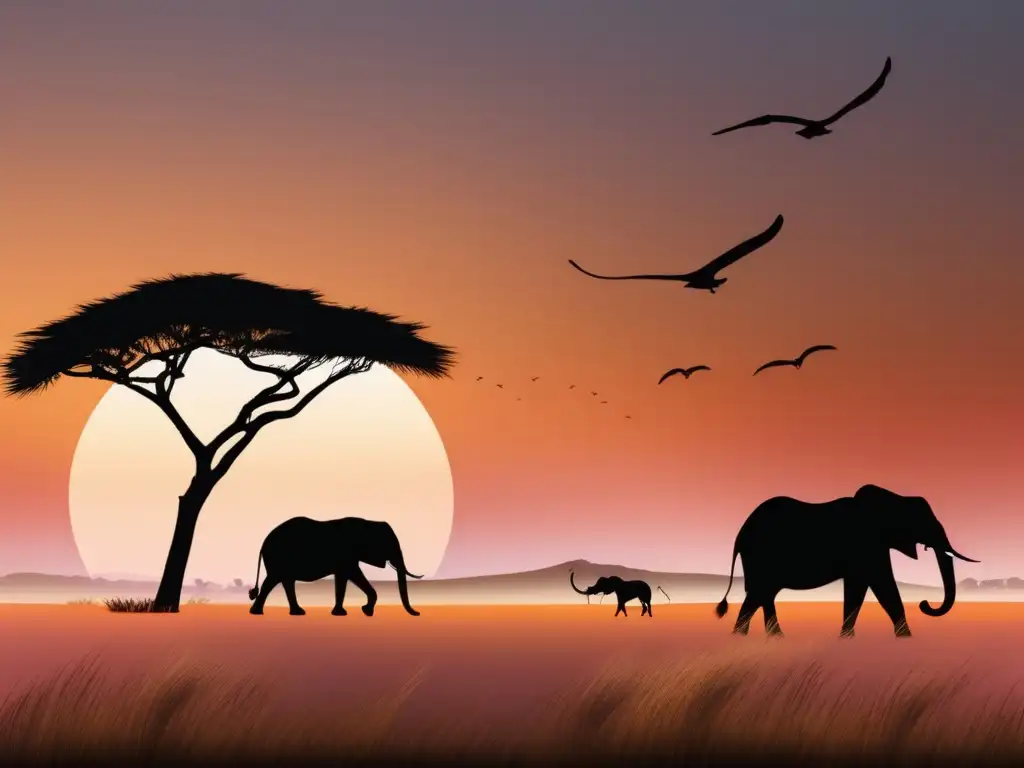 Conceptos científicos en la sabana africana: atardecer con animales silueteados y paisaje minimalista