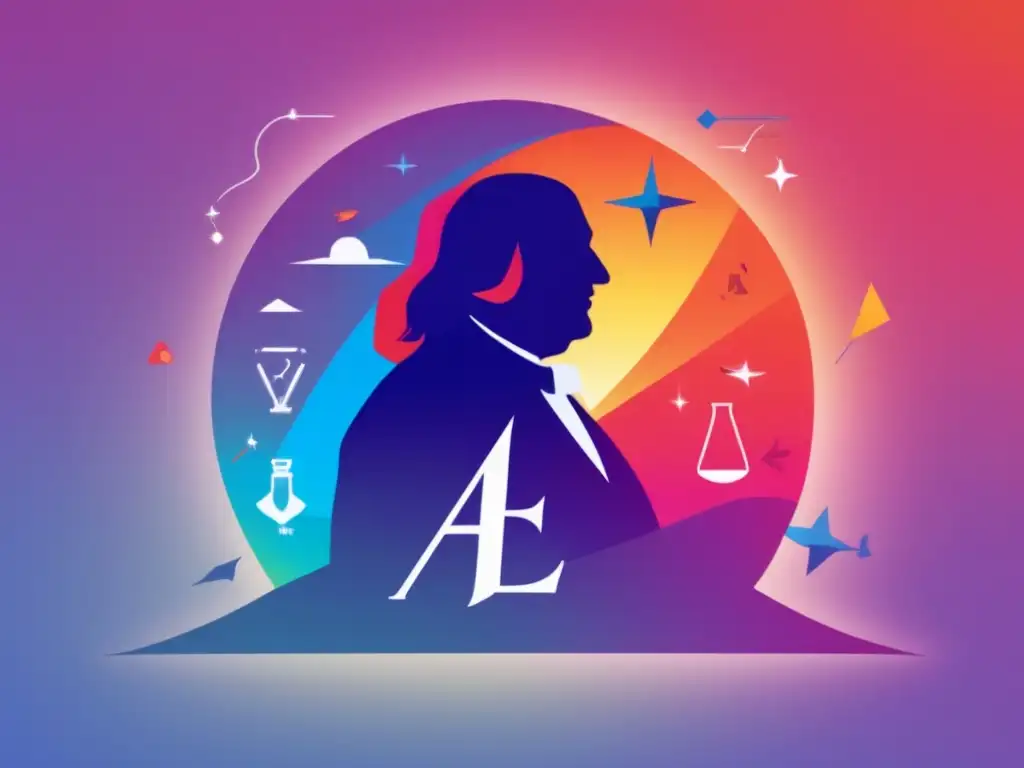 Silueta de Benjamin Franklin, símbolos científicos, colores vibrantes: Importancia de Benjamin Franklin en la ciencia