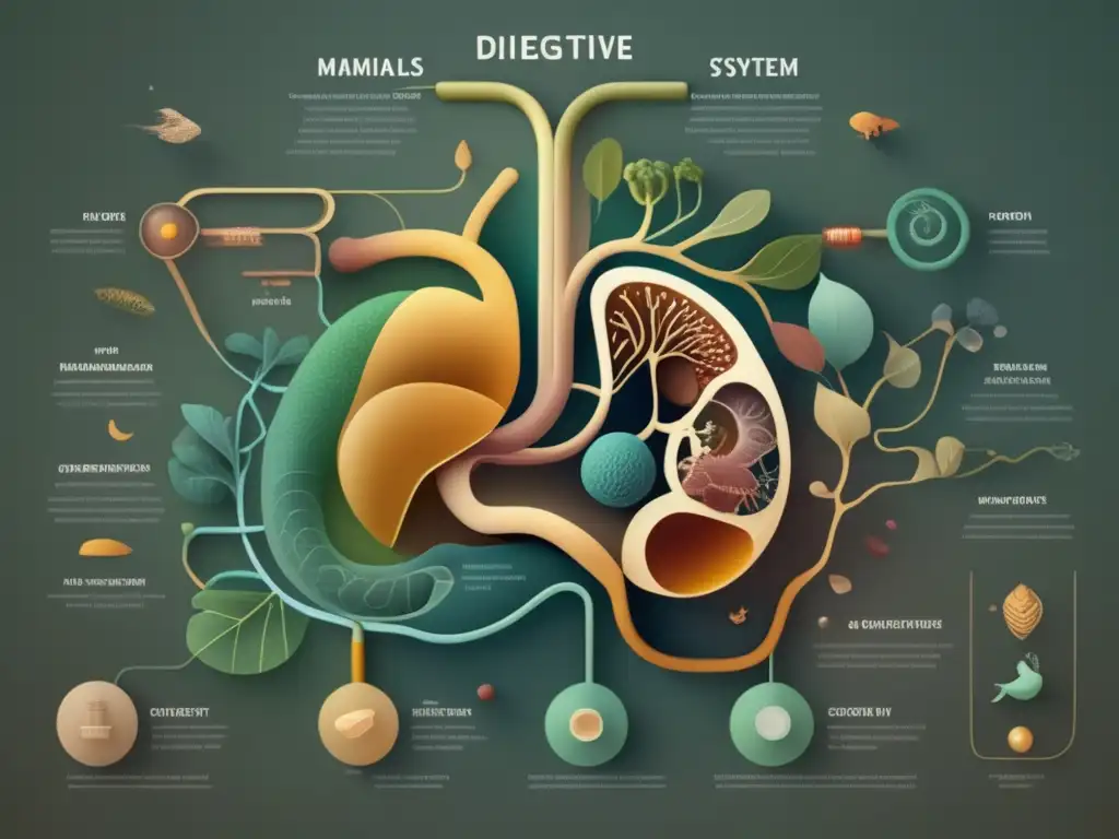 Recorrido sistema digestivo bestias, imagen 8k detallada de mamíferos, aves y reptiles