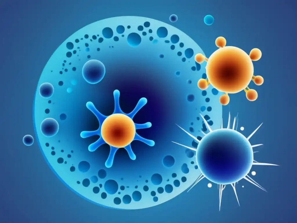 Funciones y características de las células inmunes: representación abstracta y vibrante del sistema inmune con células T, B y NK