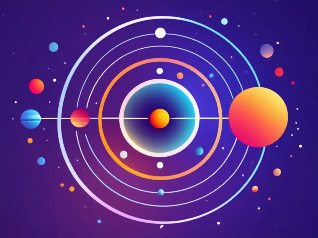 Importancia revolución copernicana: sistema solar minimalista con el sol en el centro y planetas orbitando en alineación perfecta