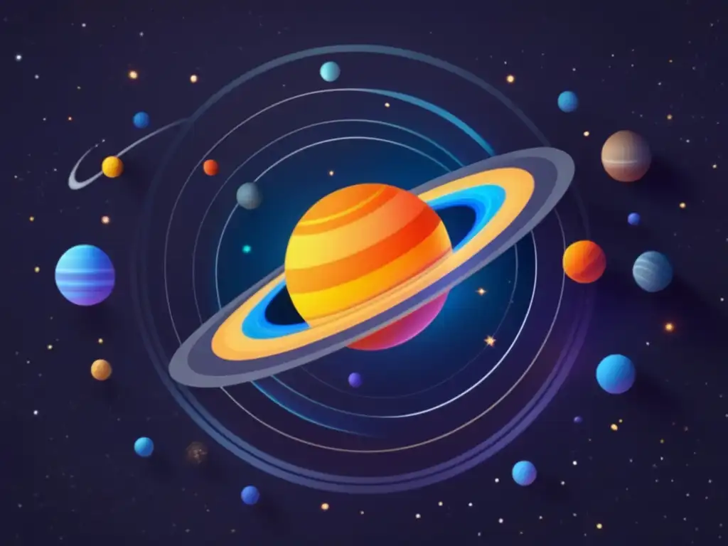 Imagen 8k: Representación minimalista y abstracta del sistema solar, con enfoque en la existencia del noveno planeta