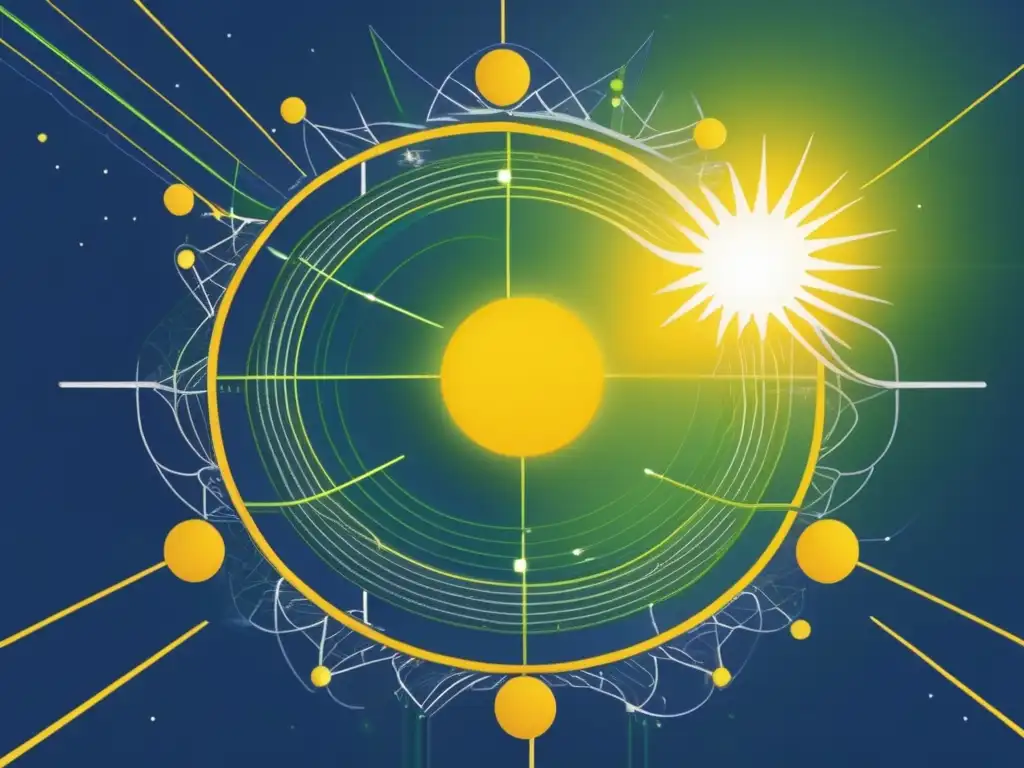 Importancia solar en cambio climático: sol brillante rodeado de líneas verdes representando la red eléctrica y la infraestructura solar