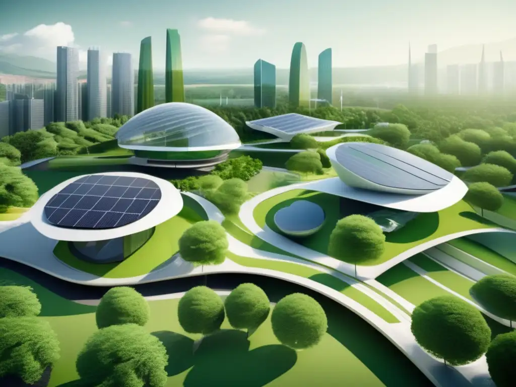 Arquitectura sostenible y geomatemática en ciudad futurista con edificios ecoamigables y energías renovables