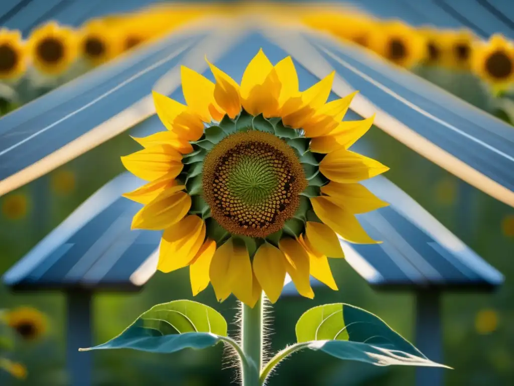 Energías renovables para hogares: sunflower blooming amidst solar panels