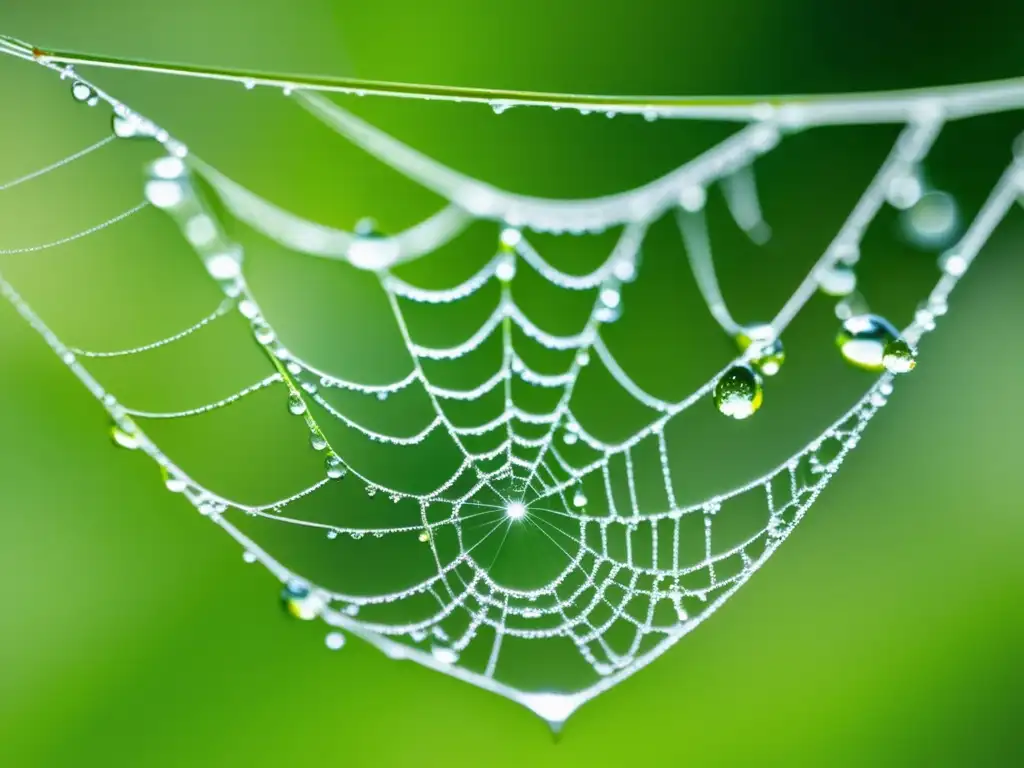 Telaraña con rocío entre ramas, destacando adaptabilidad y evolución en especies