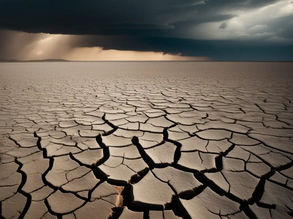 Impacto cambio climático: paisaje árido y desolado, tierra agrietada, cielo amenazador, reflejo irreversible de la crisis ambiental