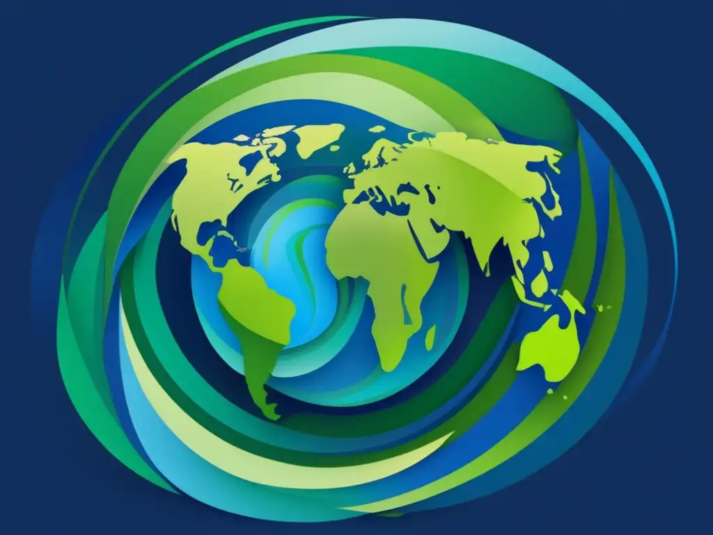 Consecuencias del cambio climático en la economía mundial: imagen abstracta de la Tierra rodeada de patrones azules y verdes, simbolizando la interconexión de los ecosistemas planetarios y la dinámica del clima global