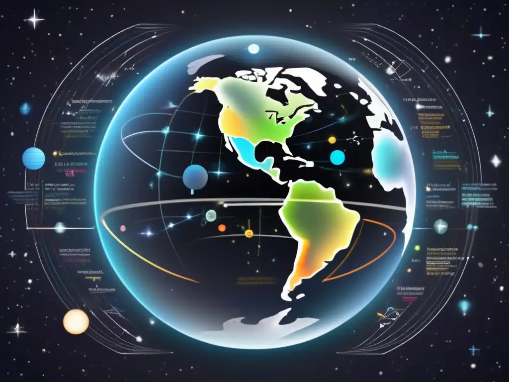 Imagen de la Tierra en el espacio con ecuaciones y fórmulas que representan la Teoría de la Gravitación en física