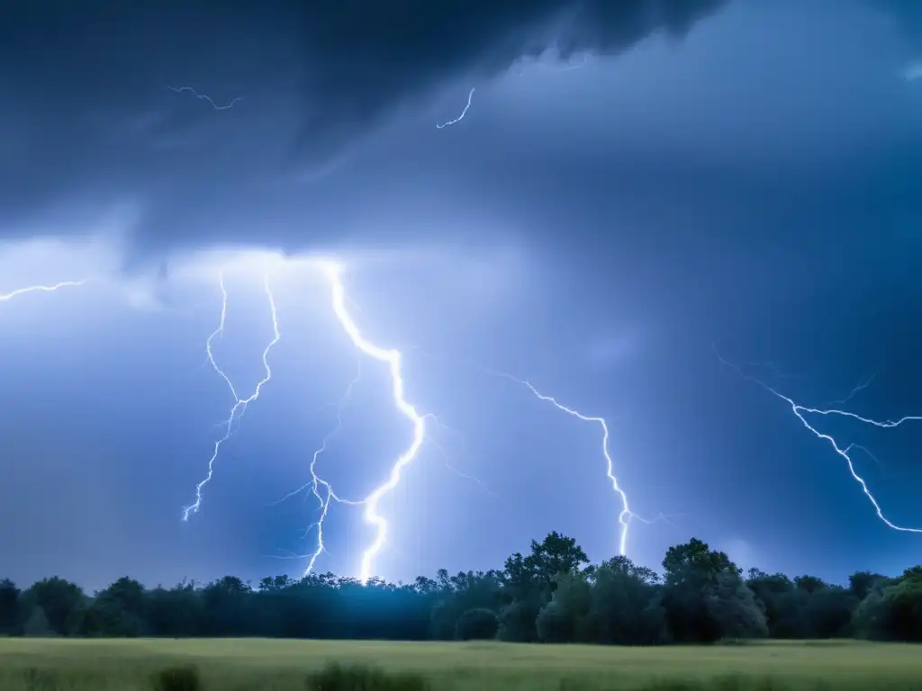 Fenómenos atmosféricos: tormentas eléctricas en cielo oscuro con relámpago y nubes grises