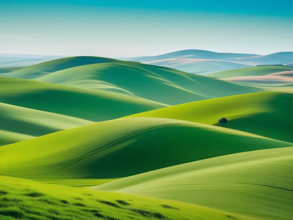 Impacto del clima en la vida salvaje: paisaje sereno con colinas verdes, cielo azul, árboles dispersos y armonía natural