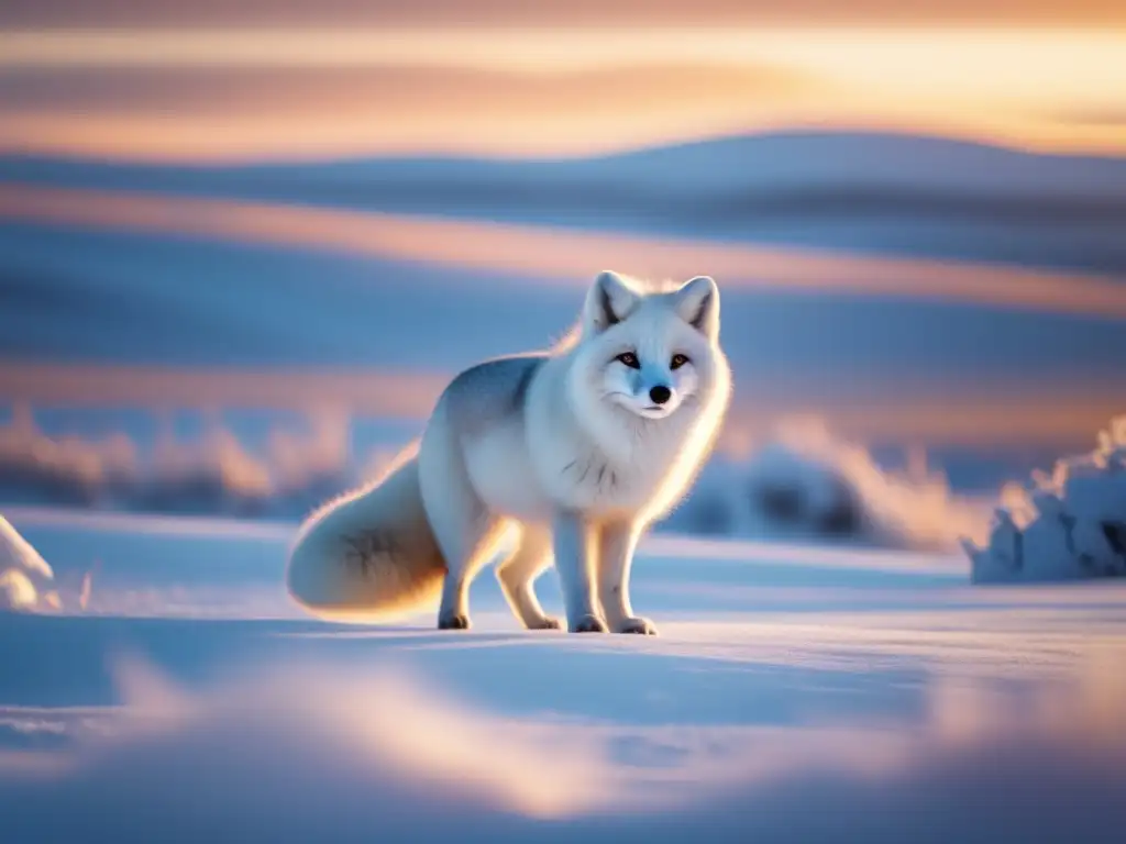 Adaptaciones de la fauna y flora en la tundra: paisaje nevado con zorro ártico