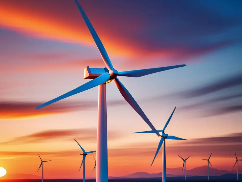 Imagen: Turbina eólica moderna generando energía renovable al atardecer