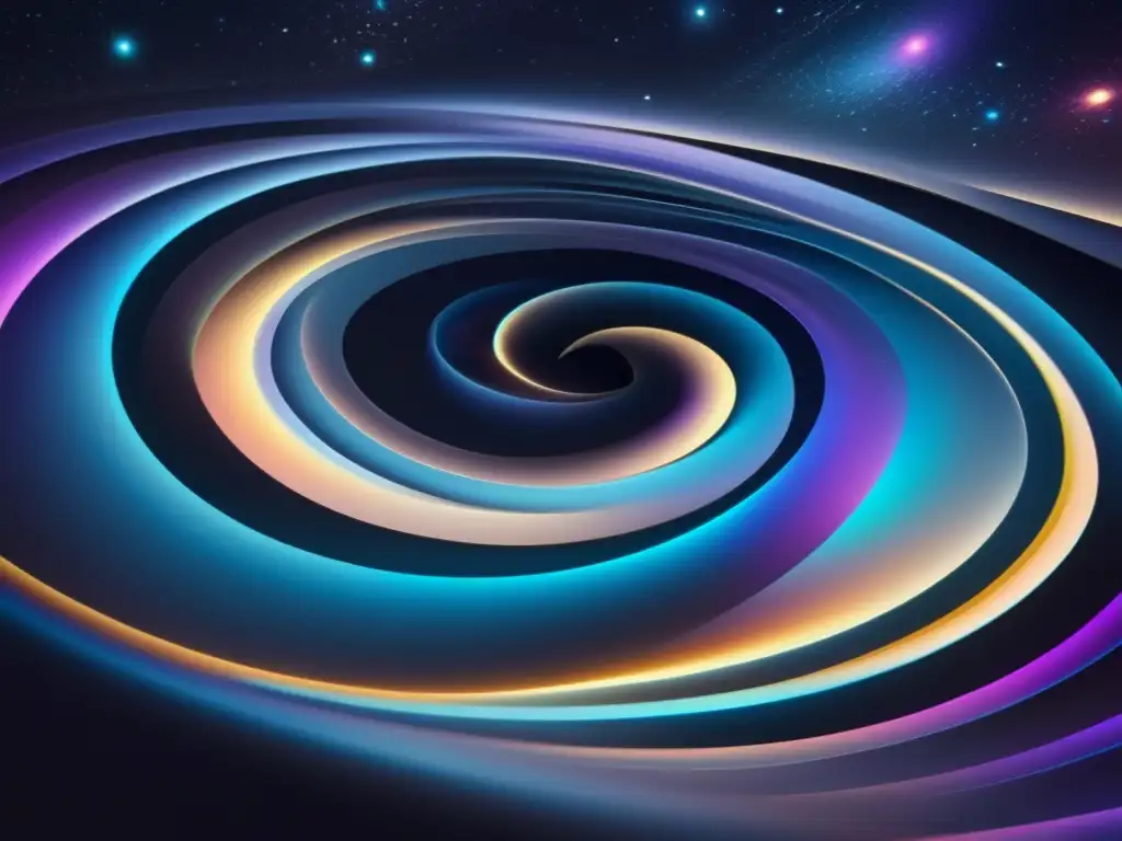 Descubrimientos de la Gravitación Cuántica en el Universo: Abstracto fascinante del universo, con bandas de colores vibrantes en un fondo negro