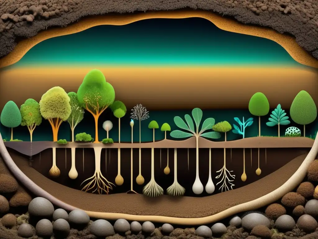 Importancia del suelo en la agricultura: Ecosistema subterráneo vibrante con raíces, organismos y microorganismos