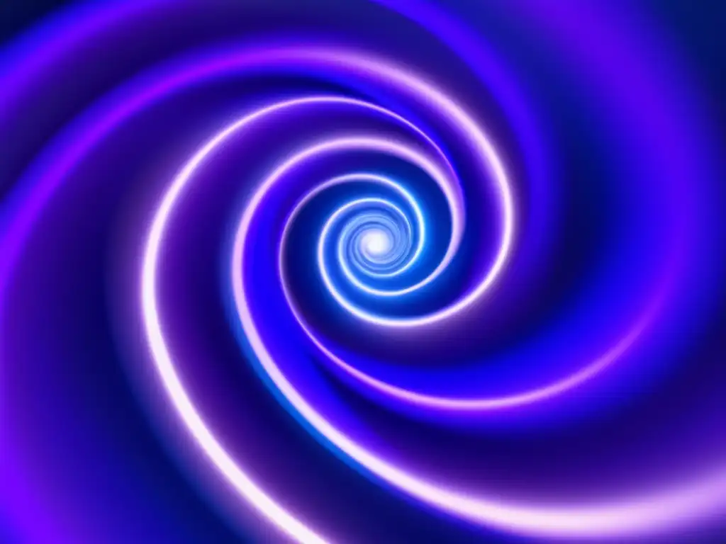 Vórtice azul y morado con líneas entrelazadas y un orb luminoso: Gravitación Cuántica: Física Clásica vs Cuántica